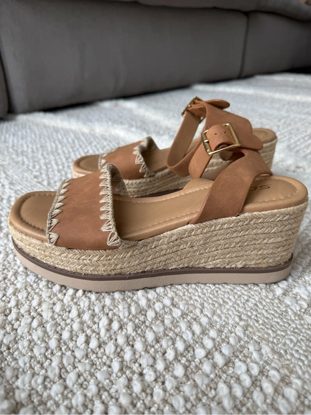 Soda Tan Espadrille Platform Wedge Sandals with Buckle